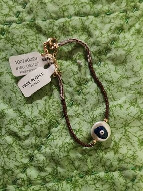 Free People Brown Beaded Anklet with Blue Eye Charm